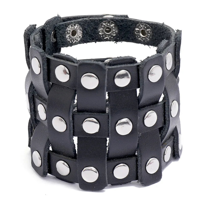 Wholesale Men's Retro Simple Genuine Leather Cuff Bracelet Punk Hip Hop Style Wide Leather Bracelet