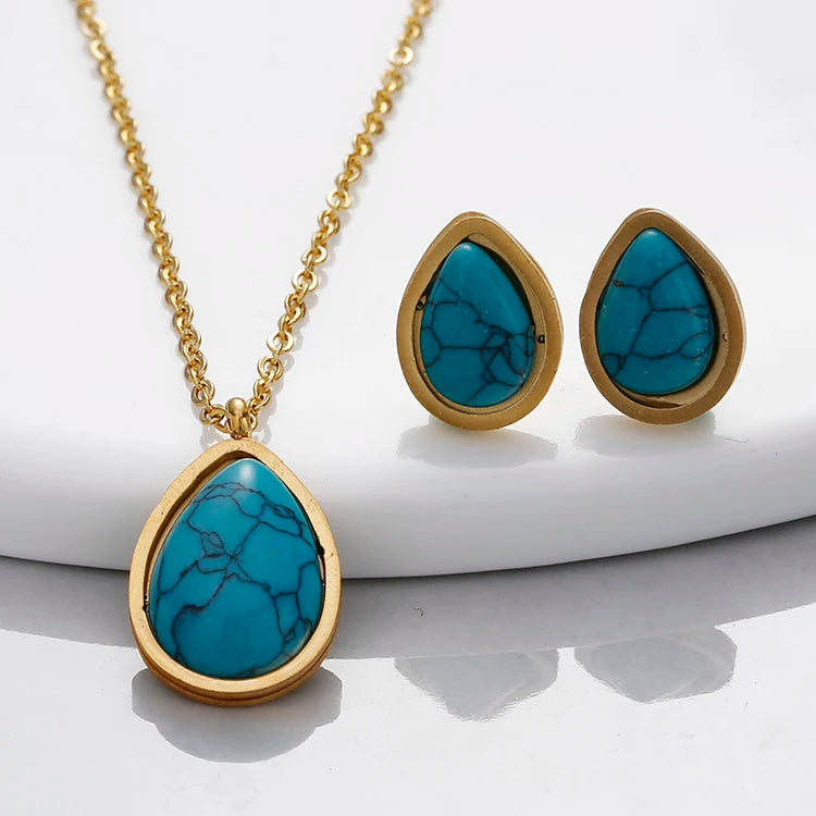Stainless Steel Jewelry Set Drops Natural Turquoise Earrings Necklace Jewelry Set Women's Jewelry Gift