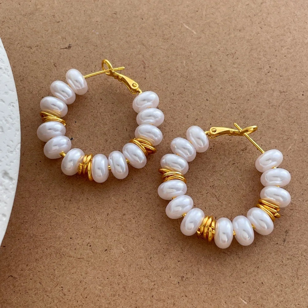 Maiou Statement Designer Trendy Vintage Gold Plated Pearl Beaded Hoop Huggie Earrings for Women Jewelry Wedding Annicersary