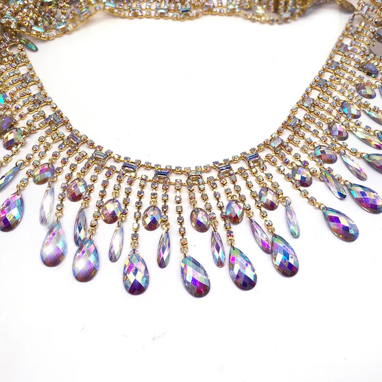 Crystal AB Rhinestone Fringe Tailoring Materials and Accessories Dress Trim Rhinestone Trimming for Carnival Costume Designs