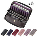 Women's Zip Around Long Clutch Wallet RIFID Blocking Cowhide Leather Ladies Travel Purse Genuine Leather Long Wallet for Women