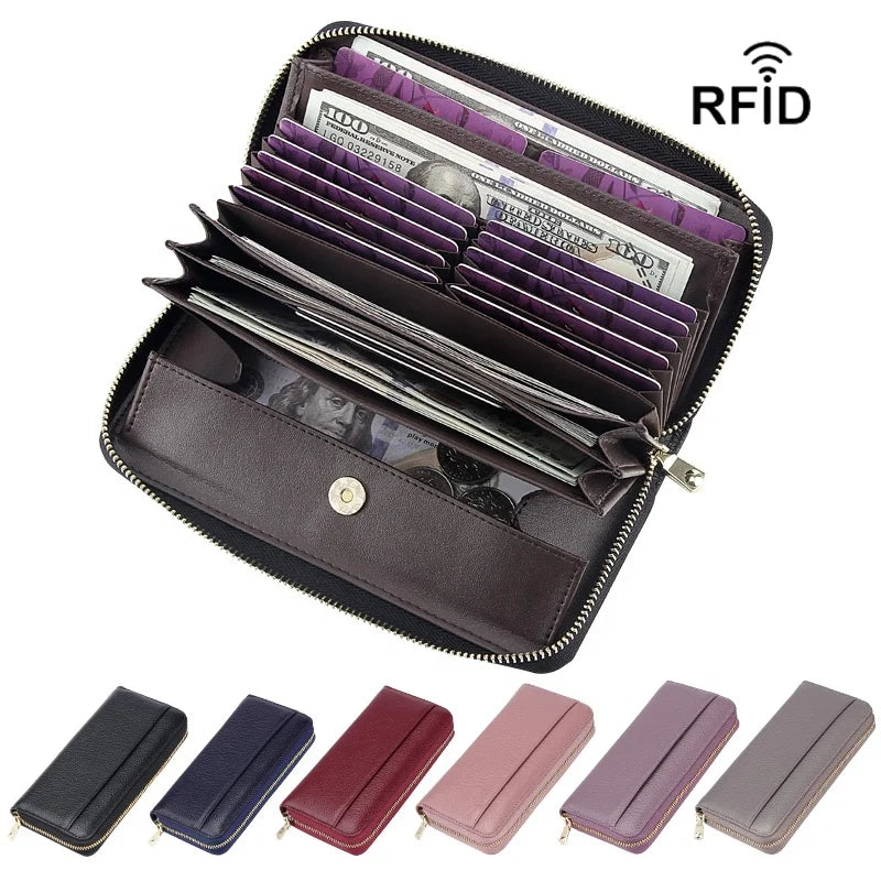 Women's Zip Around Long Clutch Wallet RIFID Blocking Cowhide Leather Ladies Travel Purse Genuine Leather Long Wallet for Women