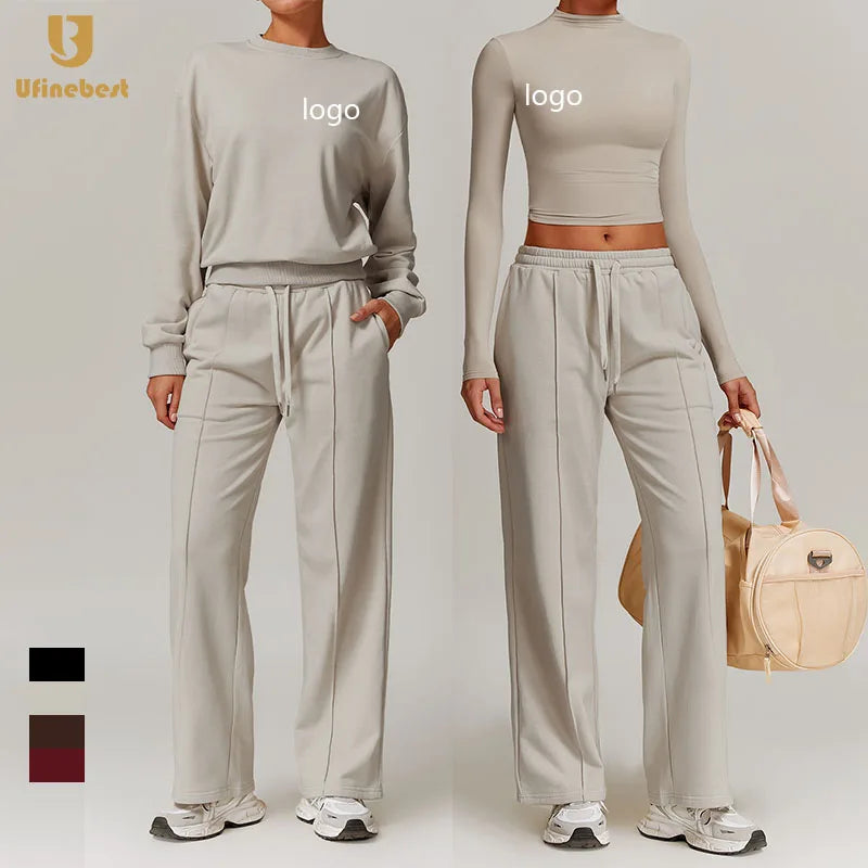 4Pcs Sweatsuit Long Sleeve Hooded Matching Women Hoodies Gym Fitness Joggers Sweatpants Active Tracksuit Suits Sets