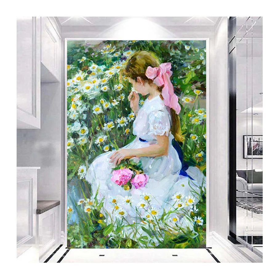 Embroidery Girl Rhinestone Mosaic Full Square Round Canvas 5D DIY Diamond Painting Portrait Cross Stitch Flower Home Decor Gifts