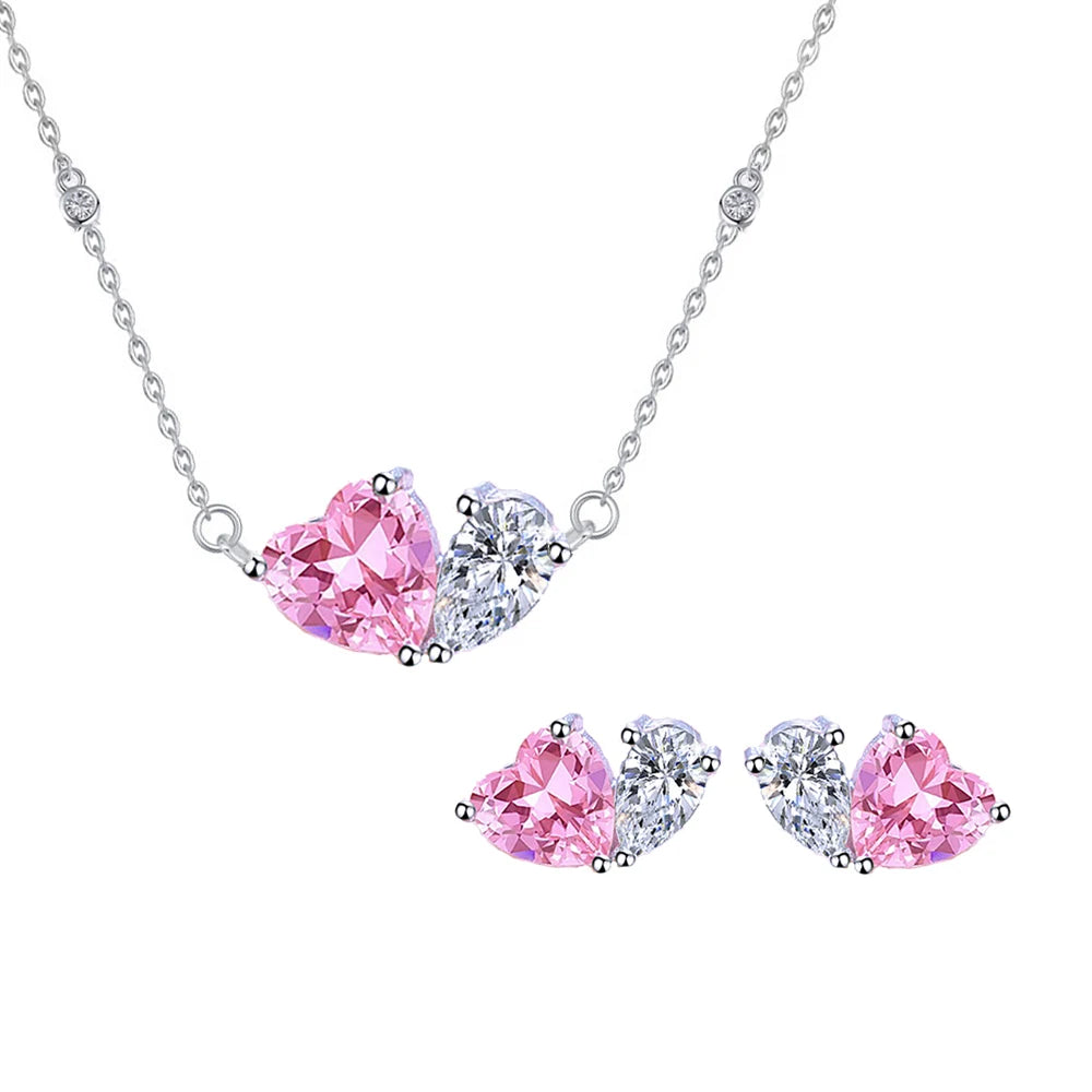 Dazzling Zirconia Sterling Silver 925 Necklace and Earrings Pink Heart Jewelry Set for Girls Daily Wear Valentine's Day Gift