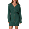 Dress Women Customized Thick Knitted Long Sweater Button V-neck  Long Sleeved Woolen Custom Dress Slit Sweater Dress