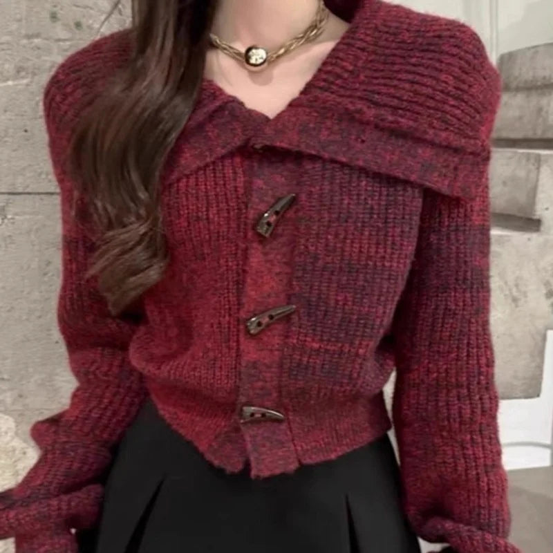 Cis Women's Fashionable Slim Cardigan Long Sleeve Horn Button Sweater with Shawl Collar Big Lapel Casual Style Winter Jumper