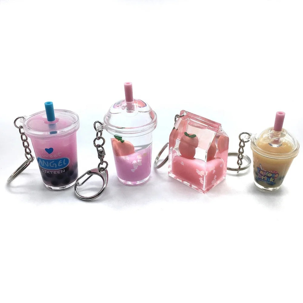 Creative Milk Tea Cup Keychain Liquid Boba Tea Keychain Filler Keyring for Women Cute Gifts