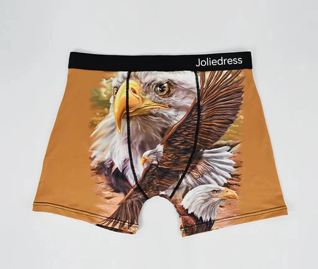 Polyester Underwear Panties for Men High Elasticity & Breathable Mid-waist Boxer Tiger Eagle Wolf 3D Digital Printing Pattern