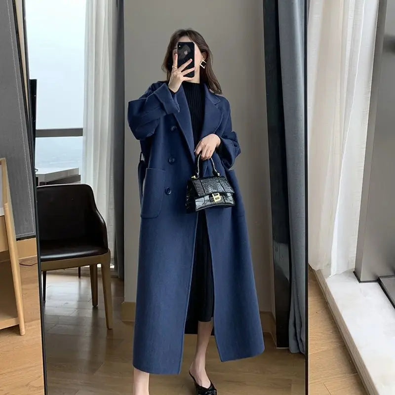Women Lady Long Coat Long Sleeve Solid Color Lapel V-neck Elegant Europe Style Suit Collar Midi Long Coat