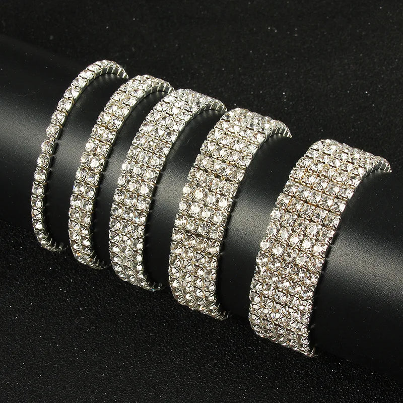 1-5 Rows Silver Color Rhinestone Diamond Tennis s Bangles Wedding Bridal Stretch