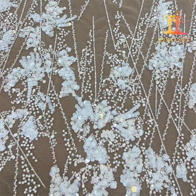 Wholesale Price 100% Polyester Eco-Friendly Mesh White Wedding Beaded Embroidery Lace Fabric XM-BF0510