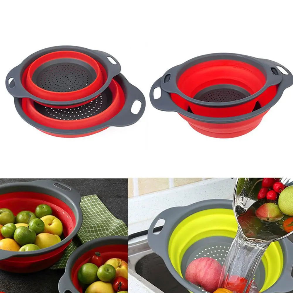 Collapsible Colander Set Silicone Folding Strainers Space Saving Kitchen BPA Free Dishwasher Safe Oven Safe Eco-Friendly Pasta