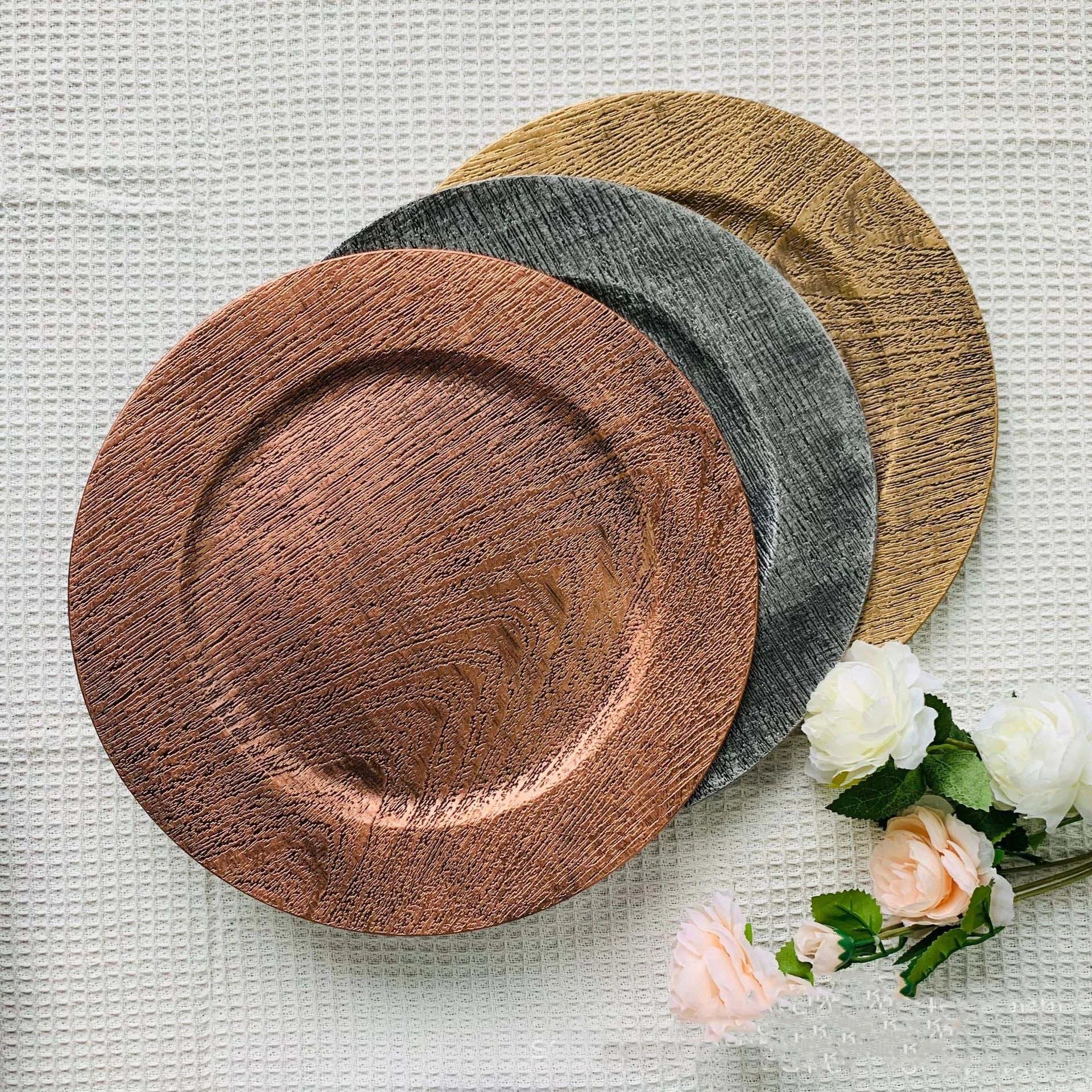Multicolor Double Plating Safe Material Round Wood Grain Pattern Platters Wholesale Gifts Fruit Bowl Decorative Charger Plates