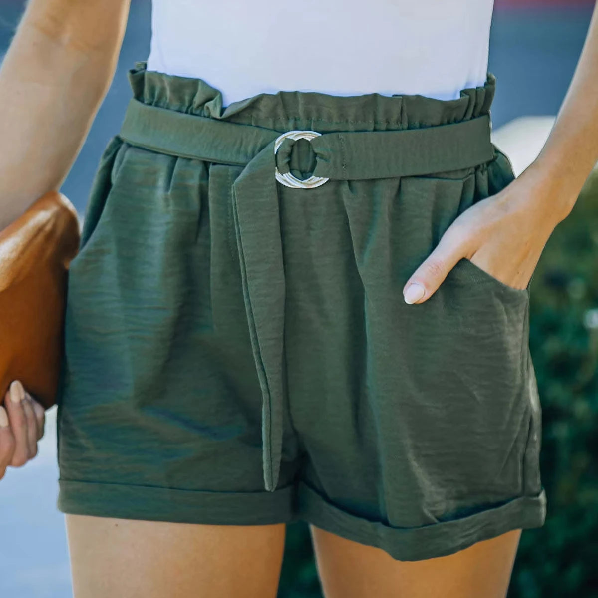 S-3XL Summer New European and American Loose Waisted Shorts Lace up Pocket Solid Color Shorts High Waisted Casual Shorts