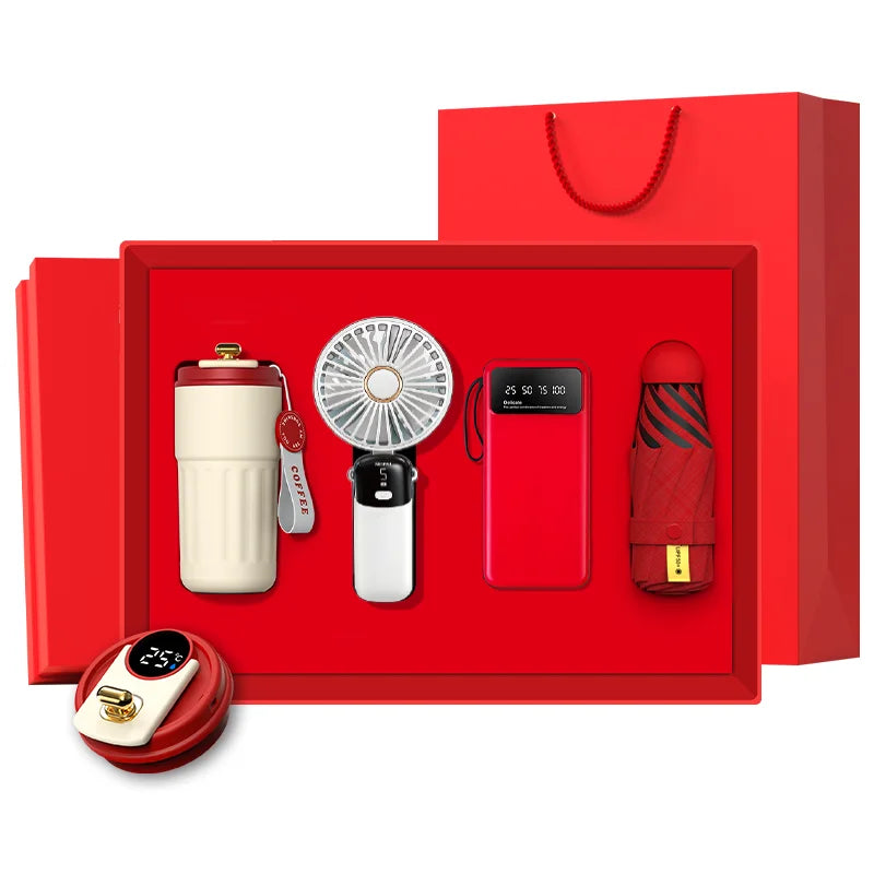 Mug + Foldable Fan + Power Bank + Capsule Umbrella Set Promotion Gift Products Birthday Gift Box