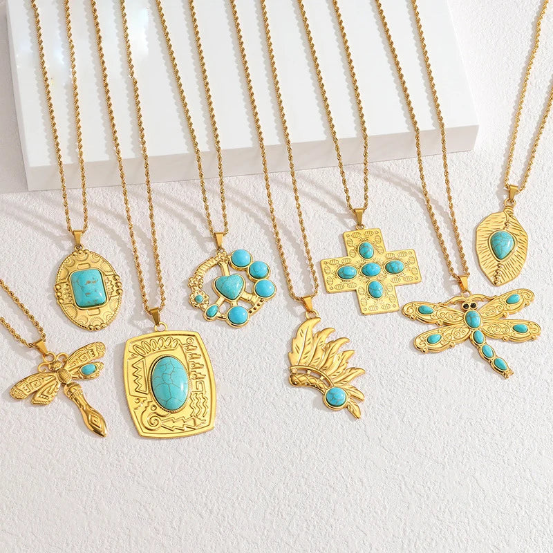 Natural Bohemian Turquoise Ethnic Vintage Health Waterproof Stainless Steel Fashion Jewelry Necklace Pendant Wholesale for Women