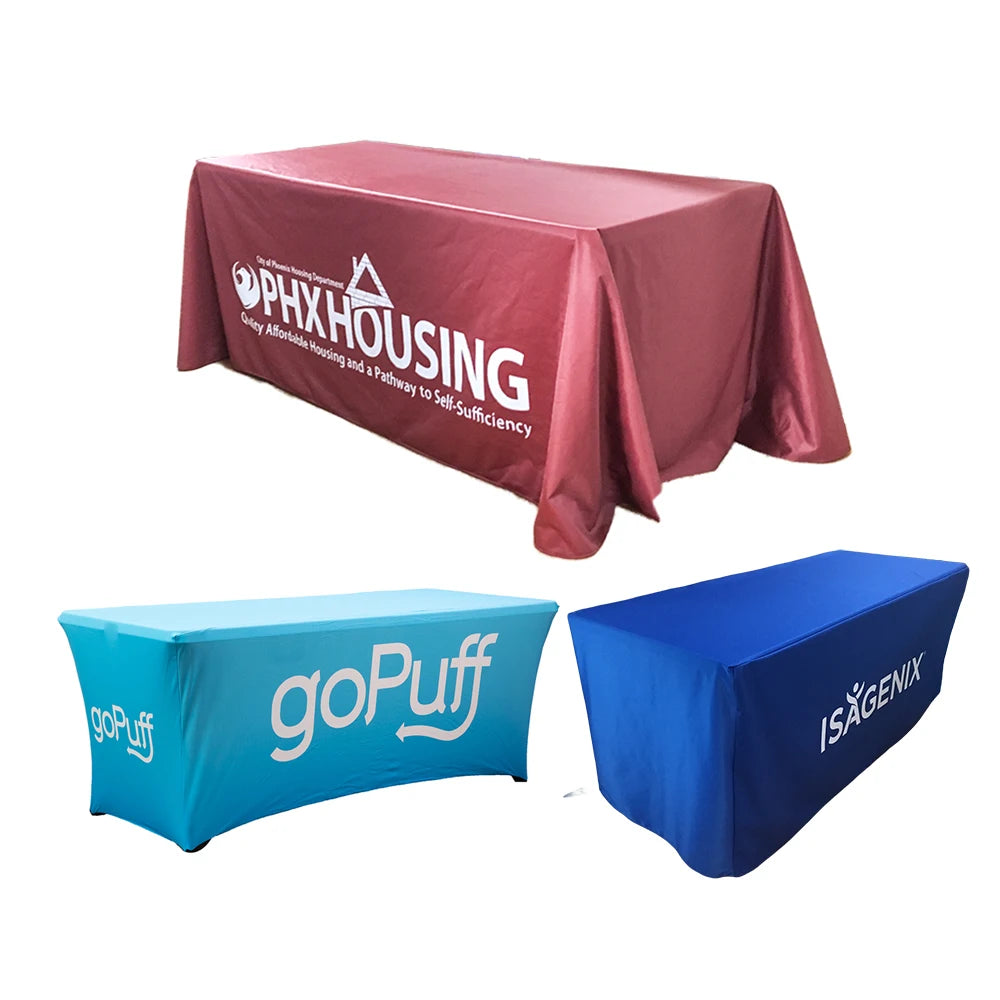 Custom Logo Printed 4ft 6ft 8ft Polyester Cotton Blend Waterproof Oilproof Fitted Cover Tablecloth Table Runner Stretched Table