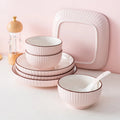 Wholesales Eco Friendly Nordic Creative pink Household Embossed Ceramic Rice Bowl Salad Soup Bowl Dinnerware Setset