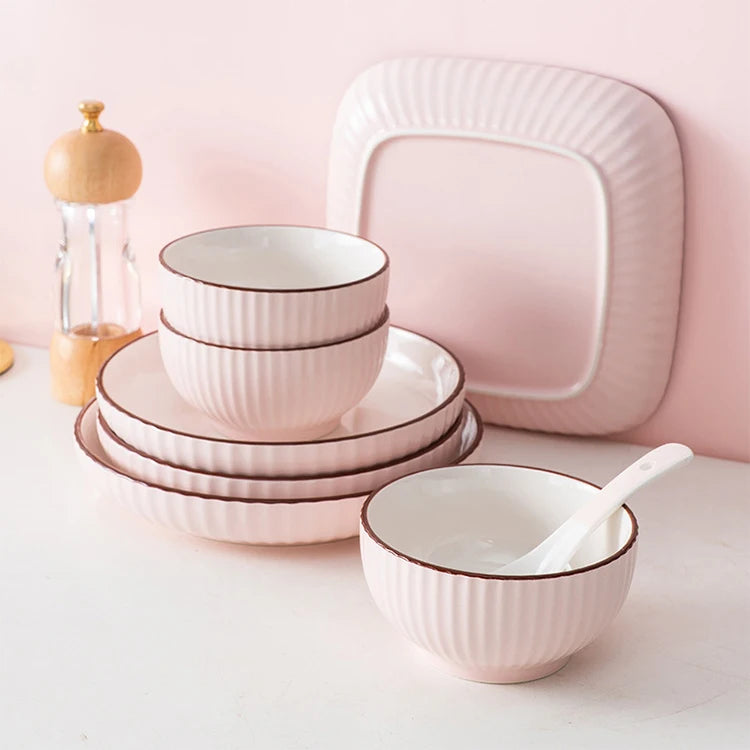 Wholesales Eco Friendly Nordic Creative pink Household Embossed Ceramic Rice Bowl Salad Soup Bowl Dinnerware Setset