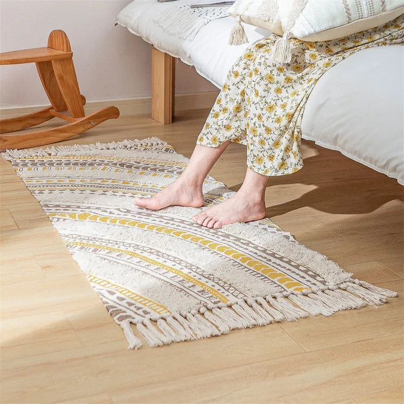 Y-Z Nordic Moroccan Bedroom Floor Mat Geometric Black White Tassel Woven Cotton Stain Resistant Living Room Rug