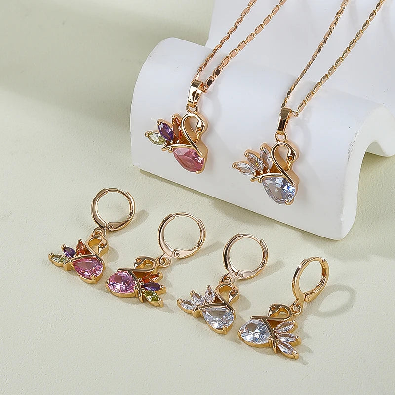 Factory Supply Collection Animals Elegant Fancy Beautiful Swan 18k Laminated Gold Zirconia Necklace and Earring Set for Women