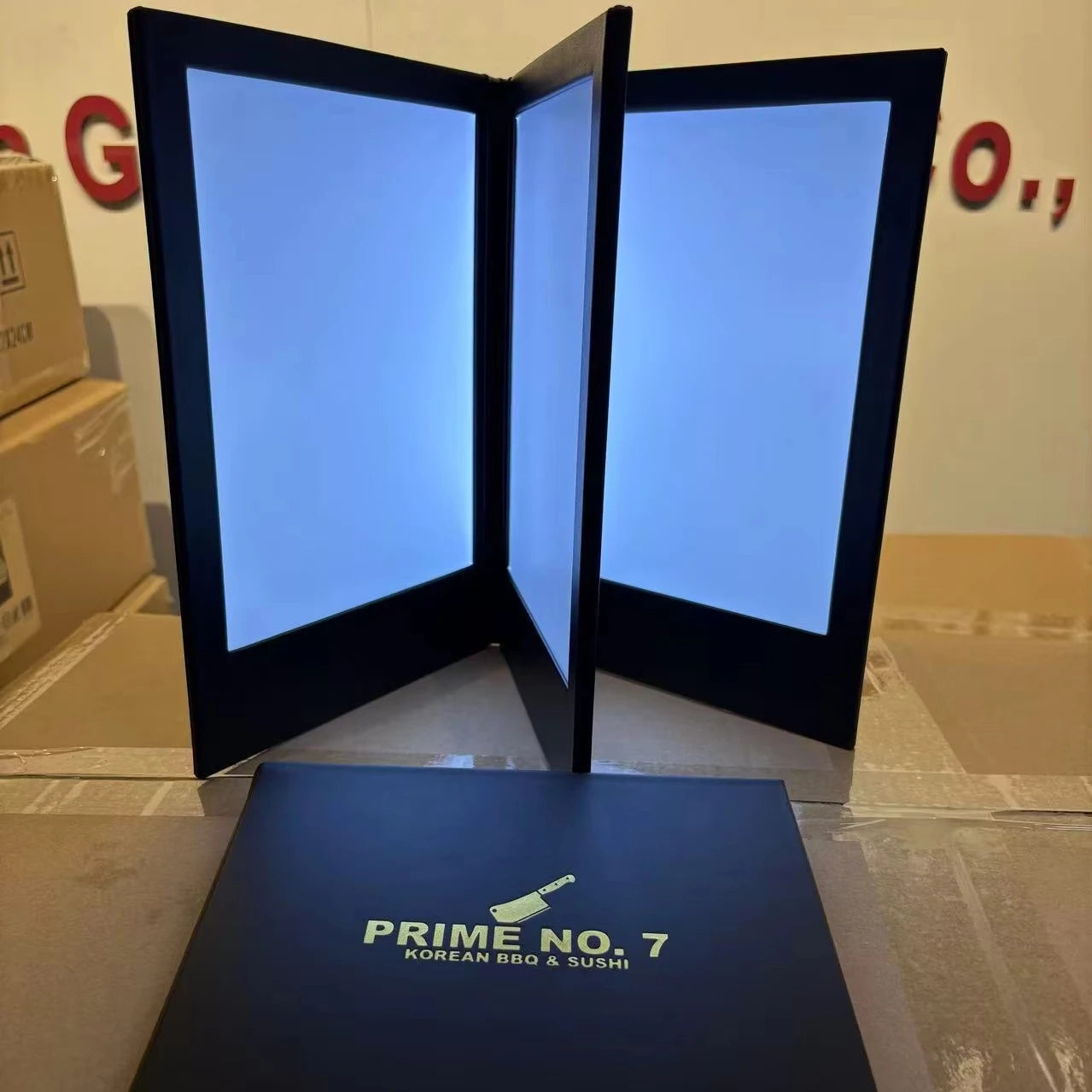 Rechargeable Illuminated Lighting 3 Pages Leather Cover Book LED Drinking Menu Holder Table Tent for KTV Restaurant Night Club