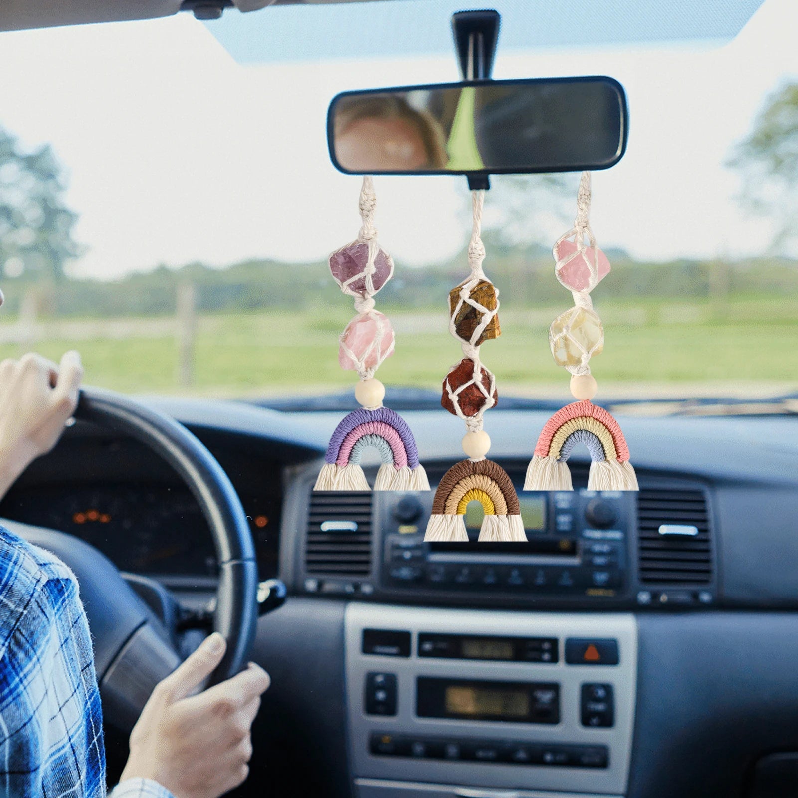 Healing Crystal Car Hanging Ornament Handmade Macrame Boho Rainbow Rearview Mirror Charms Nature Stone Protection Pendant