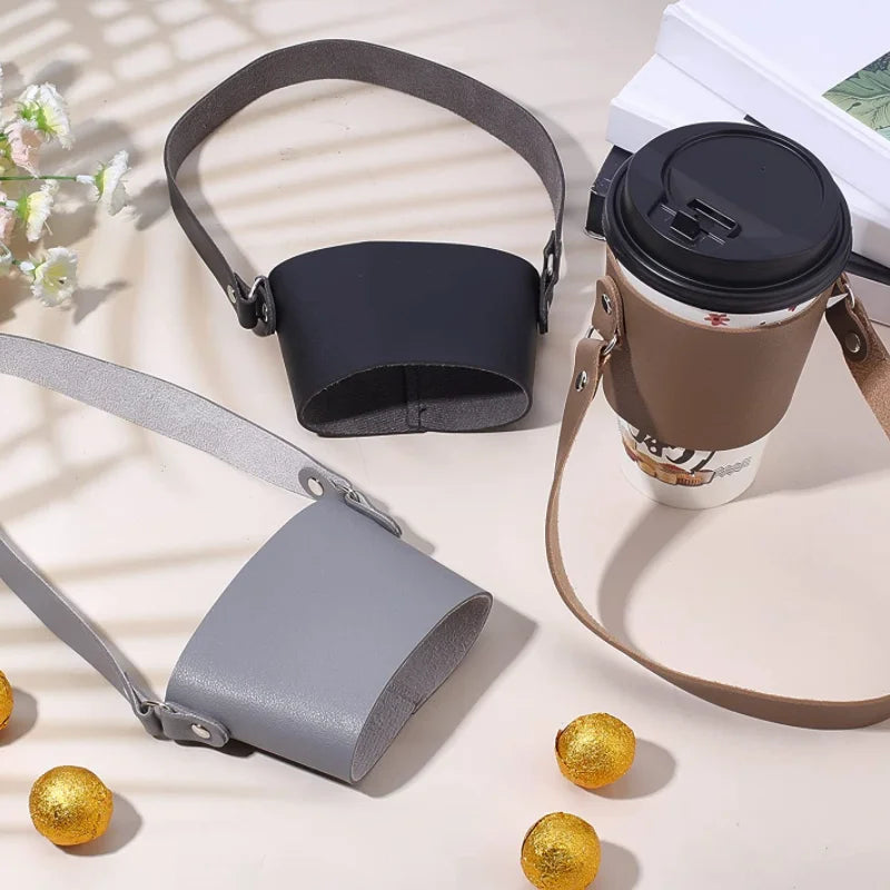Leather Coffee Cup Holder with Handle PU Leather Heat Resistant Reusable Takeout Drink Carrier Portable Sleeve