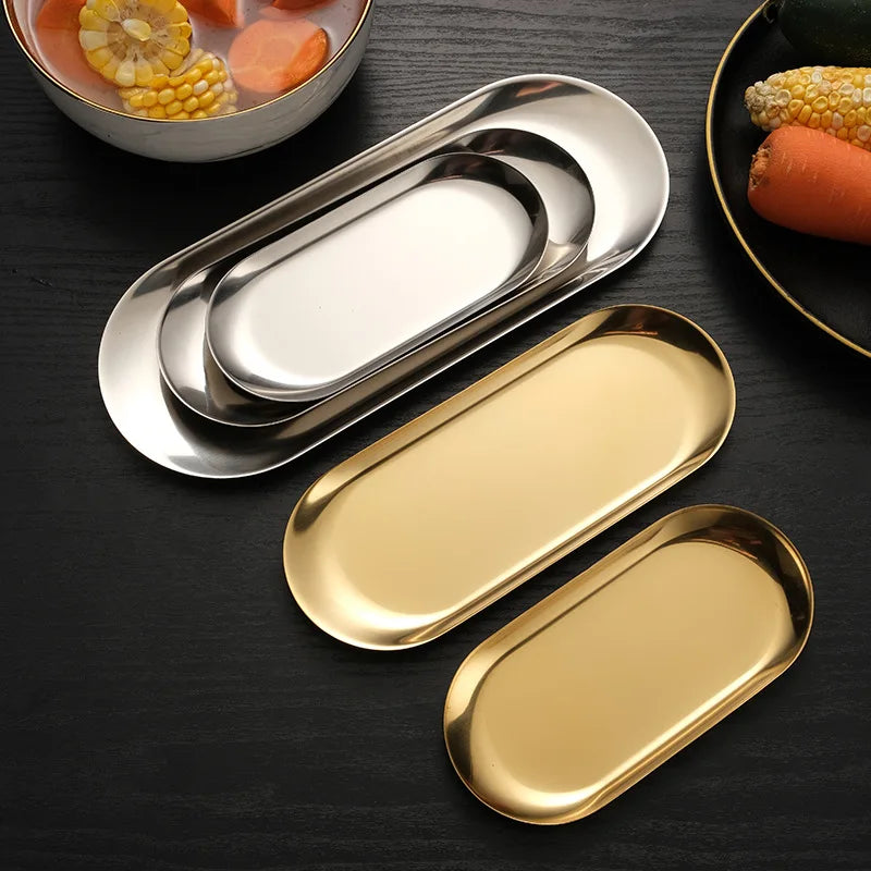 Restaurant Bar Hotel Stainless Steel Gold Silver Decoration Oval Dinner Plate Wedding Party Food Stainless Steel Kitchen Tray