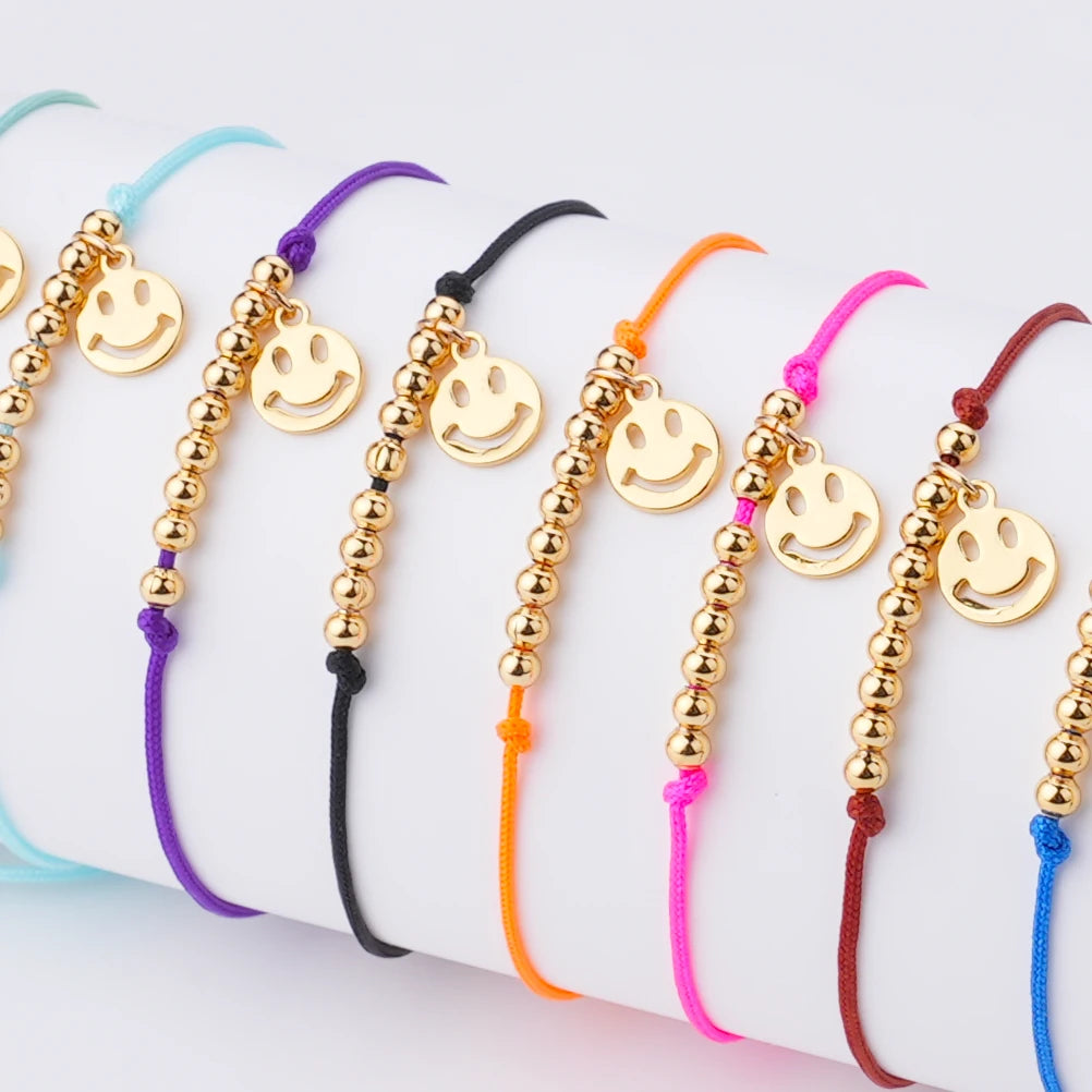Fashion Custom Handmade Gold Beads Smile Face Pendant Braid Rope Lucky Friendship Bracelet Wholesale