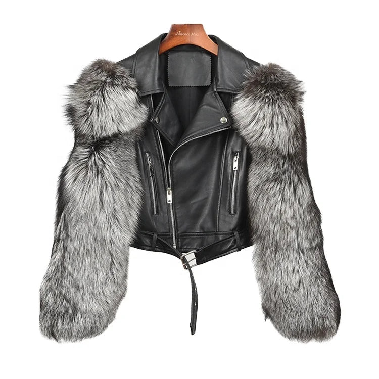 Winter Warm Women Jacket Genuine Sheepskin Shearling Fur Leather Jacket With Fox Fur Sleeves