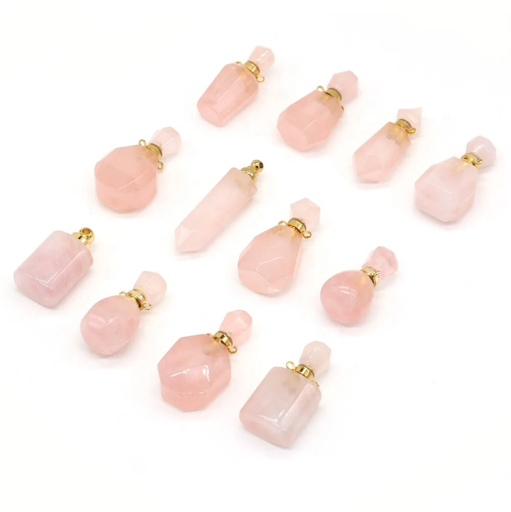 Pink Crystal Quartz Cylinder Pendant NecklaceInfused Gemstone Rose Quartz Oil PendantPopular Elegant Perfume Bottle Jewelry