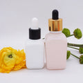 White pink 30ml 50ml square Glass Dropper Bottle with Black Collar Cap