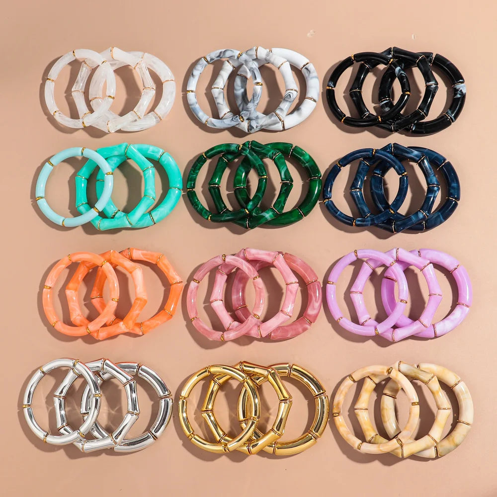 Best Selling Marble Bangle Jewelry Fashion Bamboo Beaded Elastic Bangle Acrylic Tube Beads Bracelet 3 Pieces/set for Women
