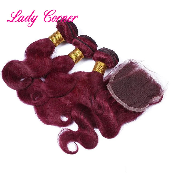 Fast Shipping 10A Grade Body Wave Vietnam Remy 99j Red Bundles with Closure Free Hair Labels for Bundles of Hair and Packing