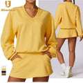 Breathable 2 Piece Suits Knitted Long Sleeve Sweatshirt Short Skirt Loose Casual Sports Suit Gym Fitness Sets Women Yoga Set