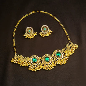 Vintage Traditional Ethnic Earring Necklace Set Gold Oxidized Afghani Green Rhinestone Indian Pearl Tassel Choker Necklace