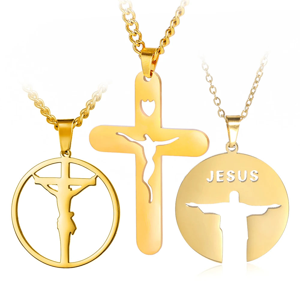 Myshape Jesus Crucifix Cross Necklace Religious Bible Prayer Christ the Redeemer Statue Pendant Stainless Steel Religious Gift