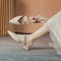 Pump Shoes Women Wear Rhinestones One Word with Middle Heel Pointed Sandals and slippers Thick Heel New Summer