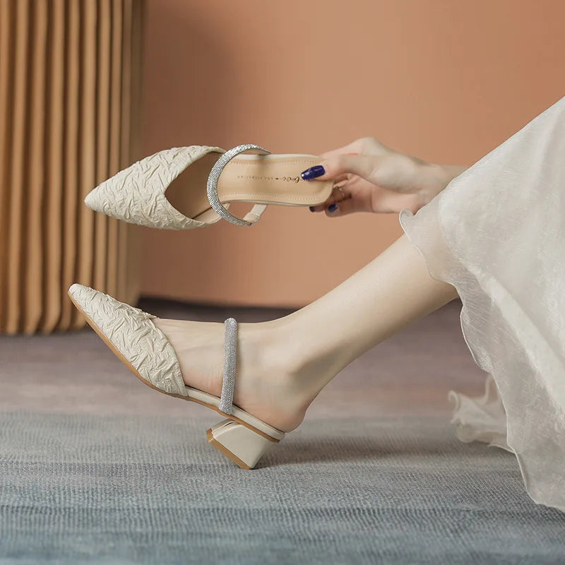 Pump Shoes Women Wear Rhinestones One Word with Middle Heel Pointed Sandals and slippers Thick Heel New Summer