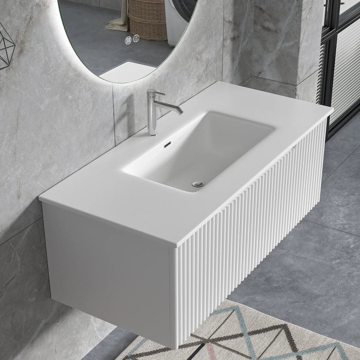 Hotel Vertical Stripe Bathroom Vanity Wall Hung Waterproof Wood Bathroom Cabinet With Basin Led Mirror