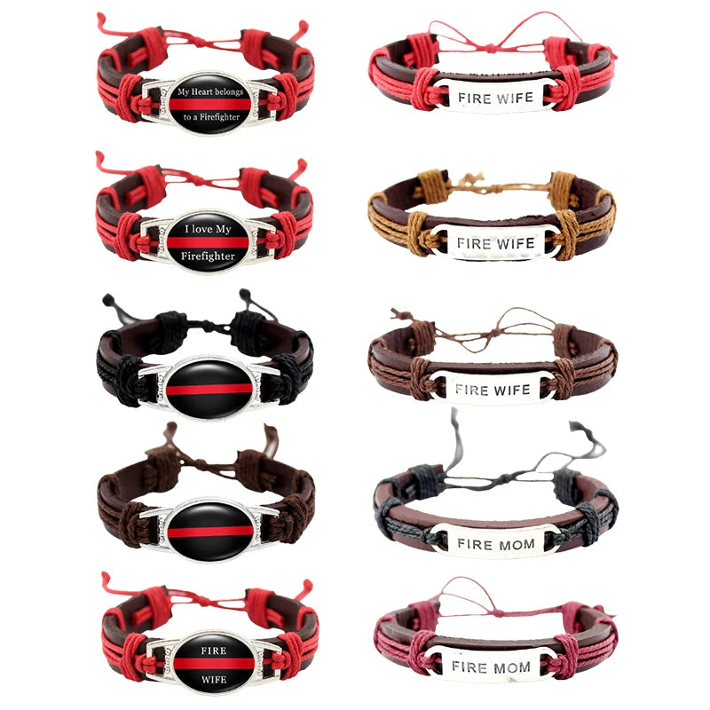 Manufacturer Genuine Leather Jewelry for Firefighters Fire Wife Husband Mom Dad Daughter Son Firefighter Sister Leather Bracelet