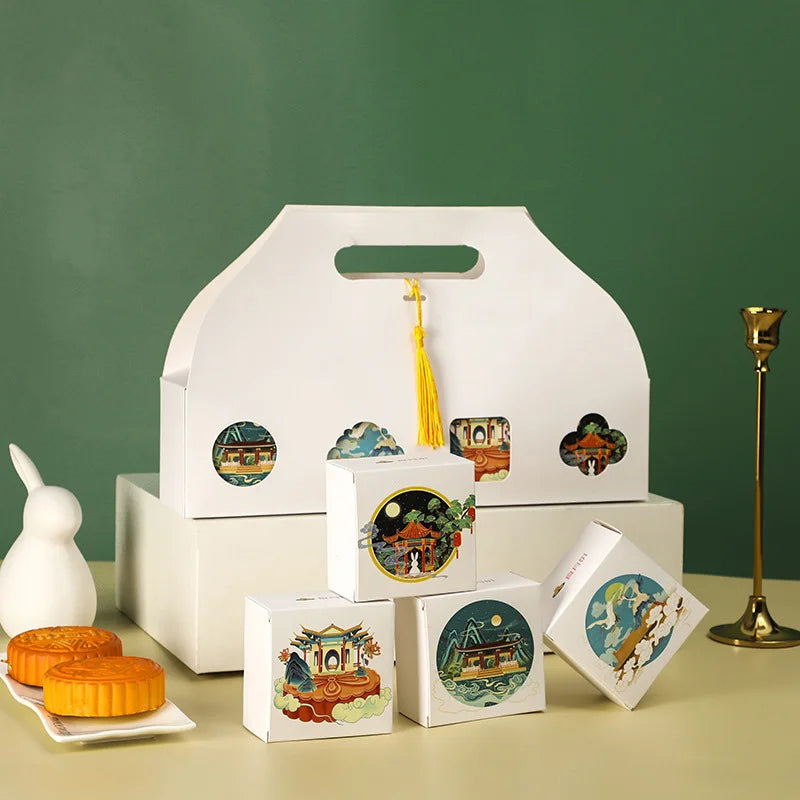 2024 Custom 4 Cakes Luxury Moon Cake Box Packaging Printed Design Paper Gift Box Mooncake With Handle