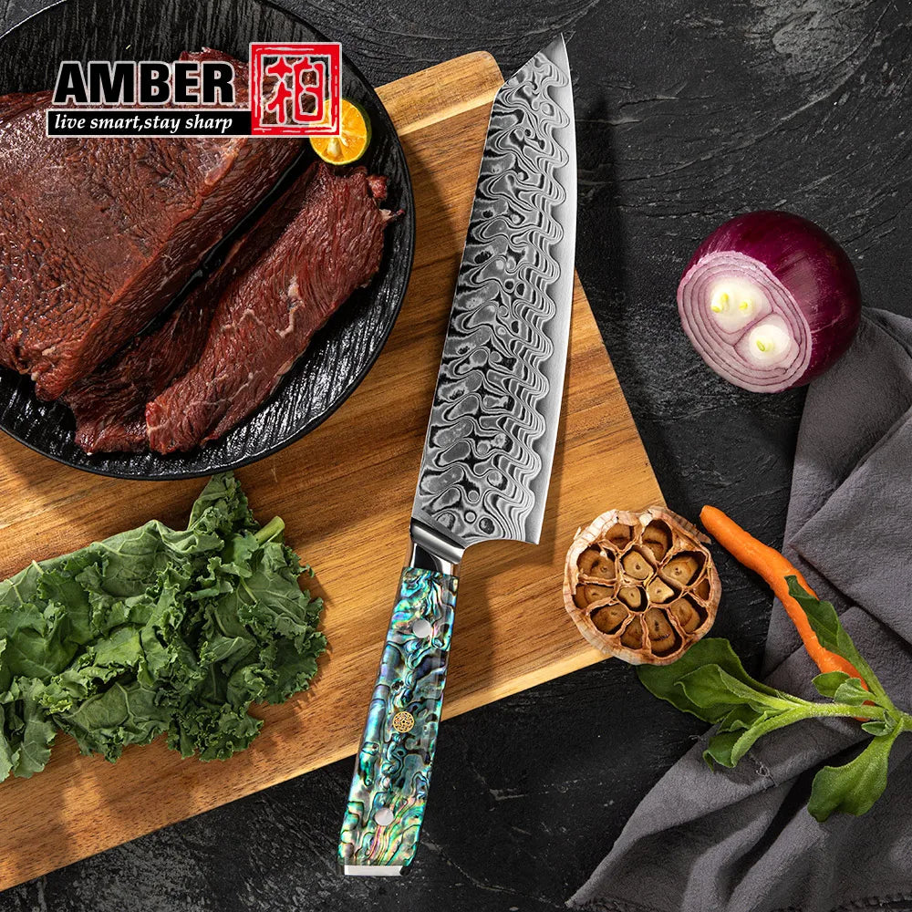 Yangjiang Amber Highest Rated Kitchen Knives Chef Knife Damascus Steel Custom logo with Abalone Handle