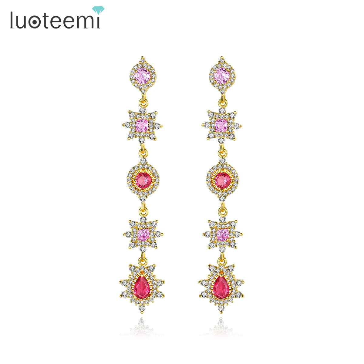 LUOTEEMI Long Earring Women Jewelry Cz Stud Earring Long Flower Crystal Drop Stud Earrings