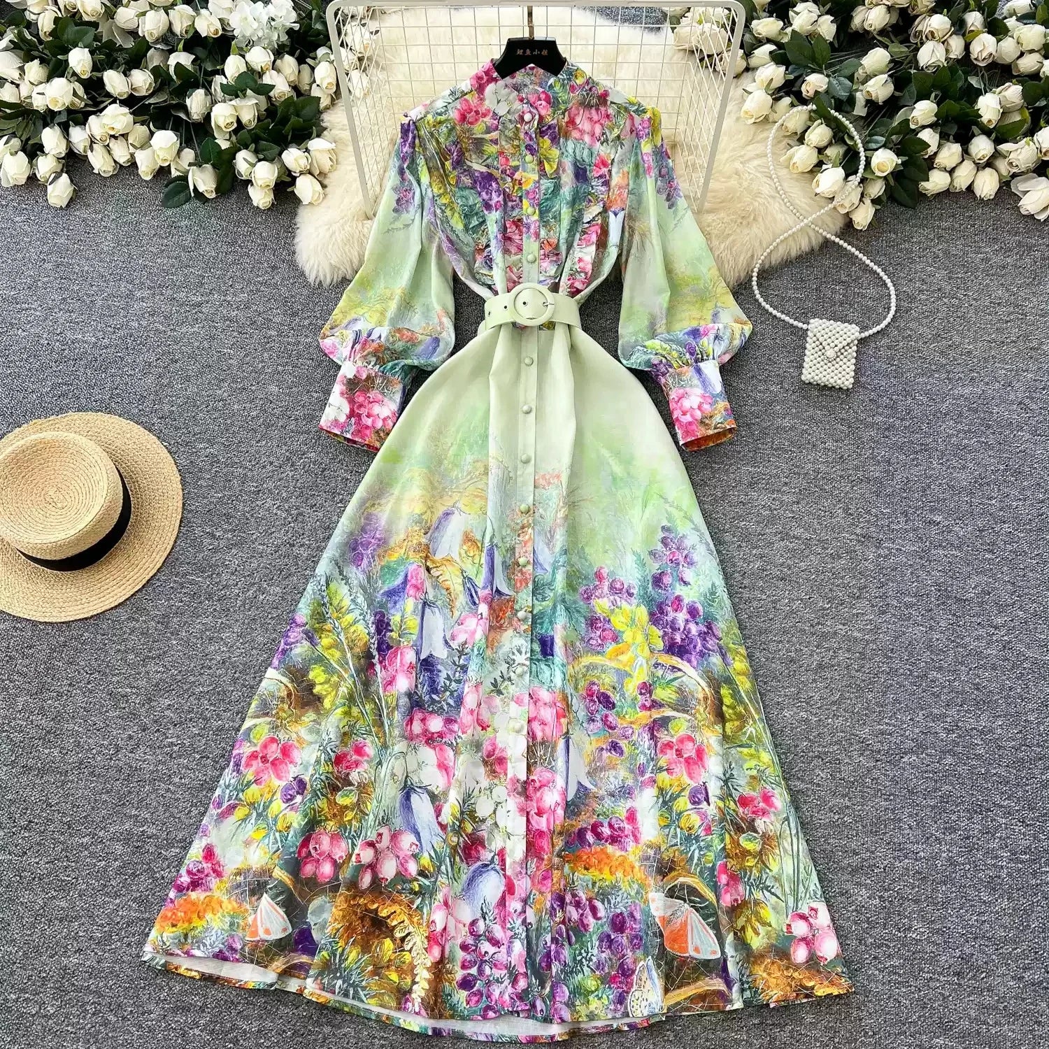 Elegant Print Design One-breasted Lantern Sleeves Dress