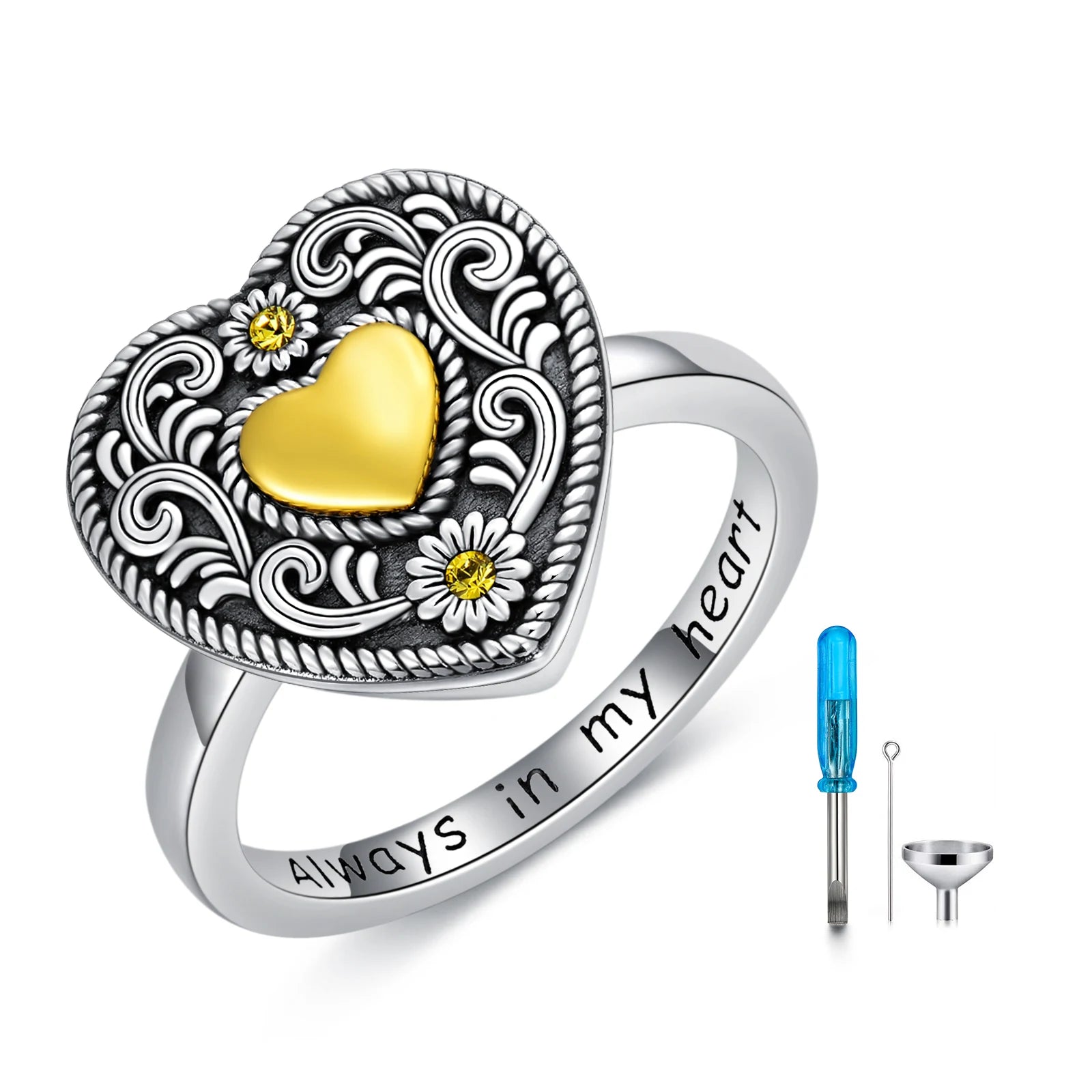 Memorial Jewelry 925 Sterling Silver Always in My Heart Ring Sunflower Heart Urn Ring