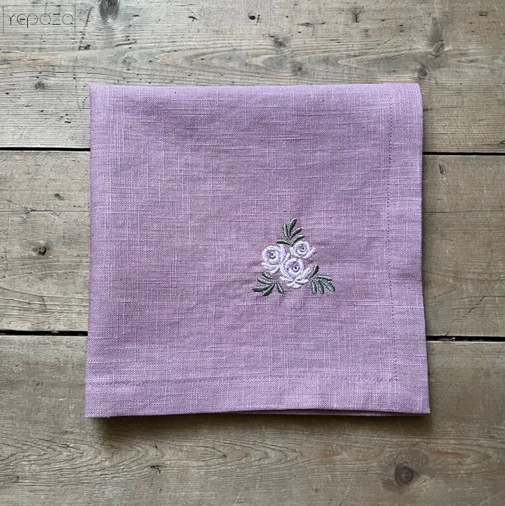 Embroidered Linen Napkins Small Roses Pattern Napkins Dusty pink Linen Table Wear New Home Gift Idea