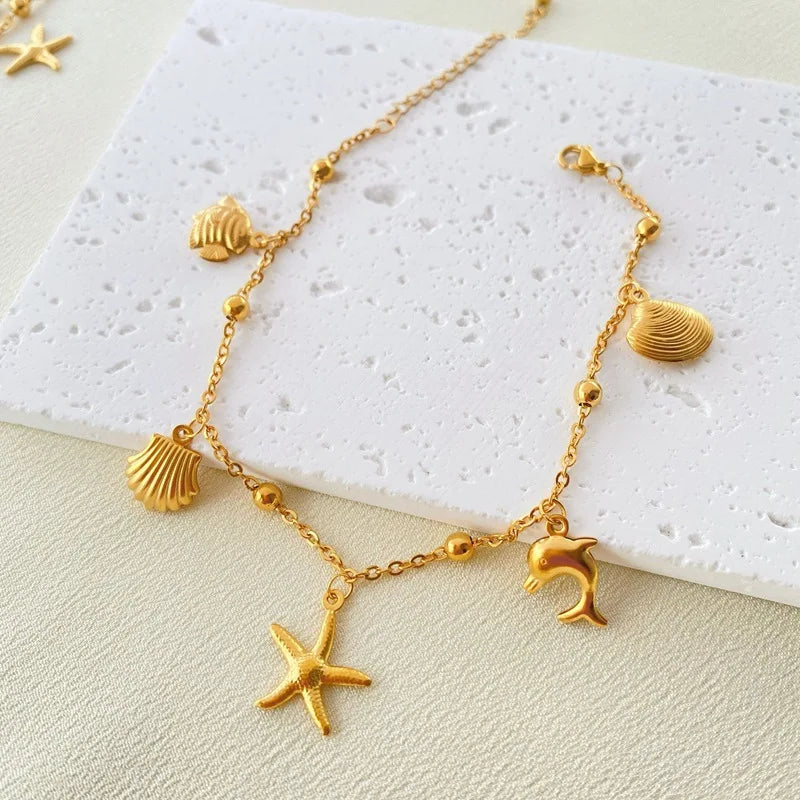 18k Gold Plated Dolphin Shell Starfish Pendant Anklet Bracelet Stainless Steel Foot Chain Tarnish Free Waterproof Gold Anklet